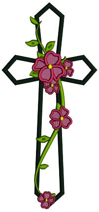 Cross With Flowers and Vines Religious Applique Machine Embroidery Design Digitized Pattern