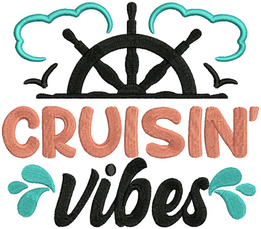 Cruisin Vibes Boat Helm And Clouds Filled Machine Embroidery Design Digitized Pattern