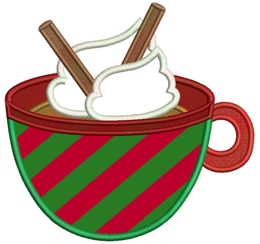 Cup Of Cocoa With Cinnamon Sticks Christmas Applique Machine Embroidery Design Digitized Pattern
