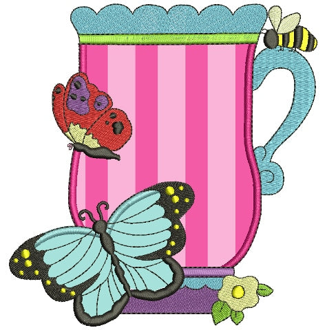 Cup with butterflies and bees Applique Machine Embroidery Digitized Design Pattern