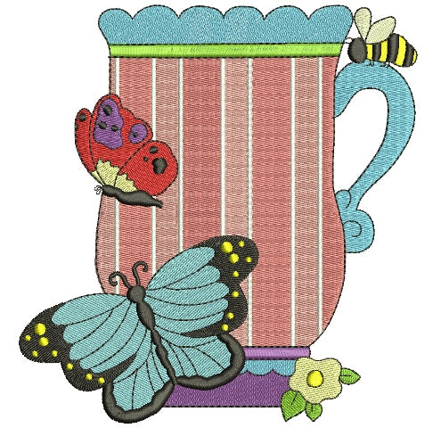 Cup with butterflies and bees Filled Machine Embroidery Digitized Design Pattern
