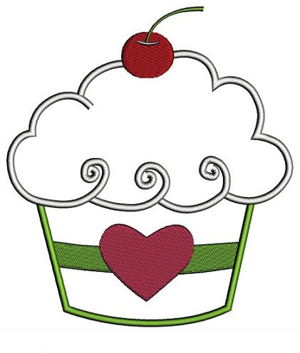 Cupcake Applique with cherry and heart Machine Embroidery Digitized Design Pattern - Instant Download