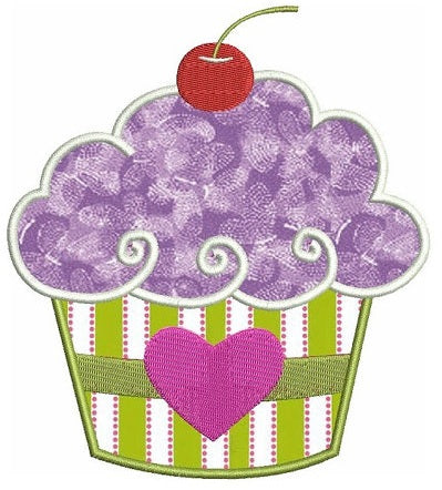 Cupcake Applique with cherry and heart Machine Embroidery Digitized Design Pattern - Instant Download