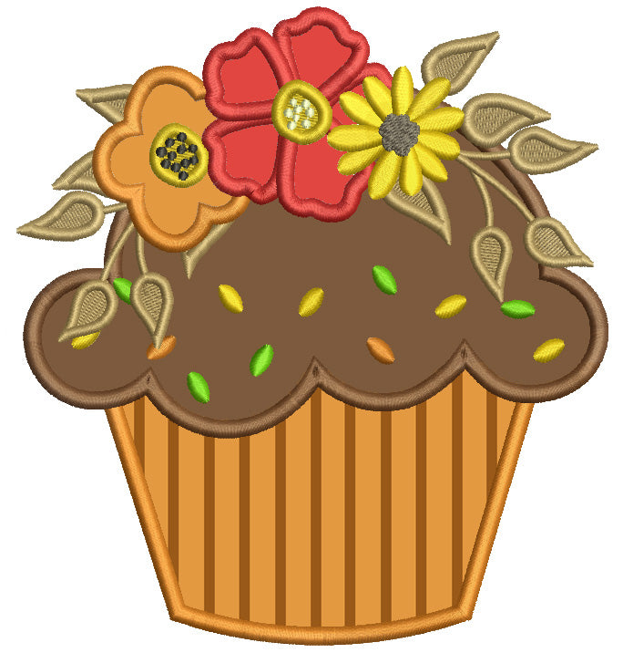 Cupcake With Fall Flowers Thanksgiving Applique Machine Embroidery Design Digitized Pattern