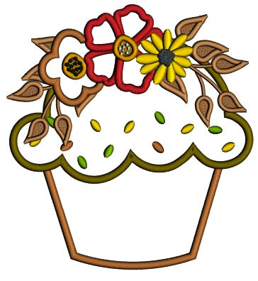 Cupcake With Fall Flowers Thanksgiving Applique Machine Embroidery Design Digitized Pattern