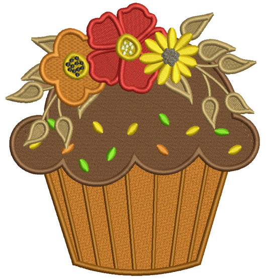 Cupcake With Fall Flowers Thanksgiving Filled Machine Embroidery Design Digitized Pattern