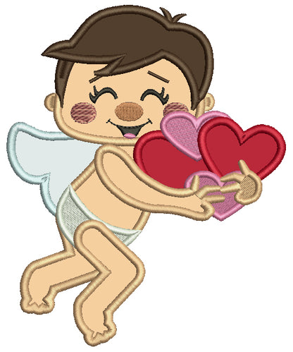Cupid With Hearts Applique Machine Embroidery Design Digitized Pattern