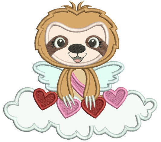 Cute Angel Sloth On The Cloud With Hearts Applique Valentine's Day Machine Embroidery Design Digitized Pattern