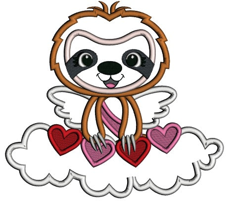 Cute Angel Sloth On The Cloud With Hearts Applique Valentine's Day Machine Embroidery Design Digitized Pattern