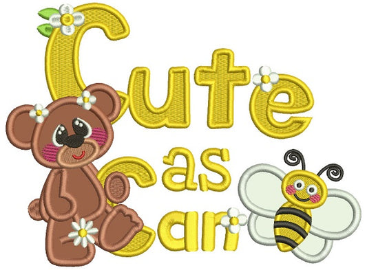 Cute As Can Bee Little Bear and a Bee Applique Machine Embroidery Design Digitized Pattern