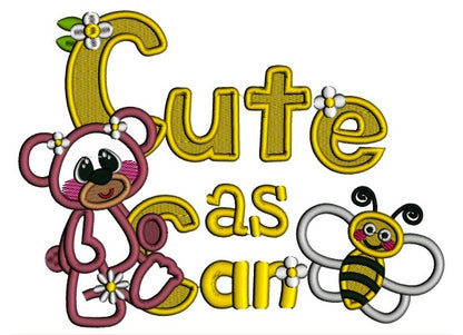 Cute As Can Bee Little Bear and a Bee Applique Machine Embroidery Design Digitized Pattern