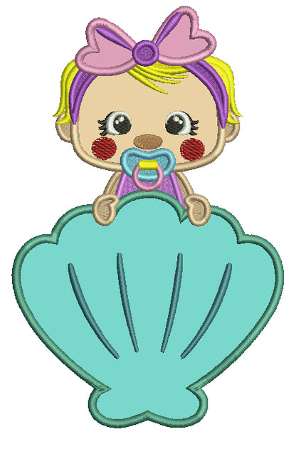 Cute Baby Behind a Shell Applique Machine Embroidery Design Digitized Pattern