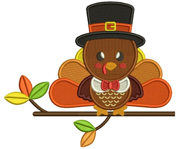 Cute Baby Boy Sitting On The Branch Thanksgiving Turkey Filled Machine Embroidery Design Digitized Pattern