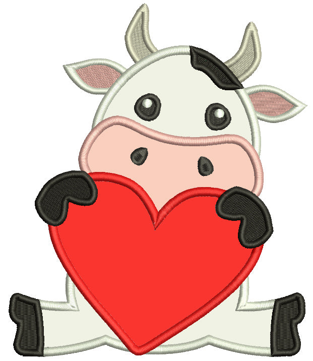 Cute Baby Bull Holding Big Heart Valentine's Day Applique Machine Embroidery Design Digitized Pattern