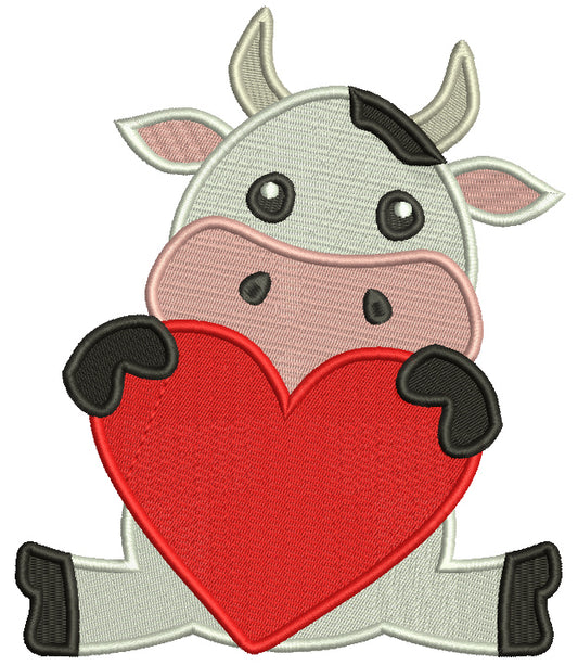 Cute Baby Bull Holding Big Heart Valentine's Day Filled Machine Embroidery Design Digitized Pattern