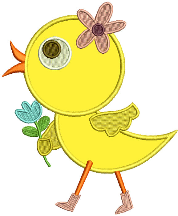Cute Baby Chick Holding a Flower Applique Machine Embroidery Design Digitized Pattern