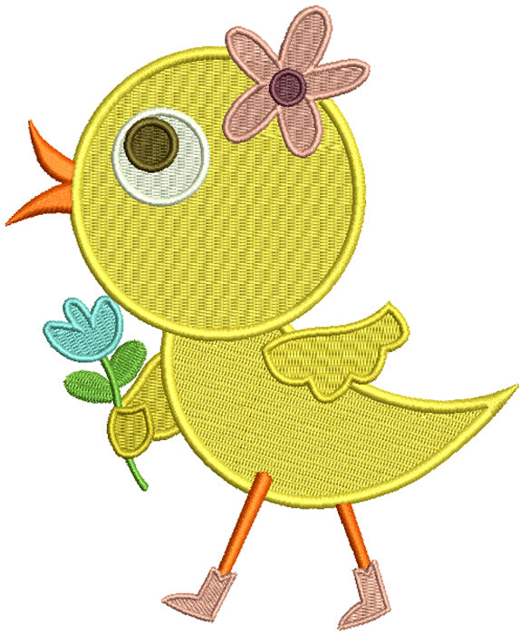 Cute Baby Chick Holding a Flower Filled Machine Embroidery Design Digitized Pattern