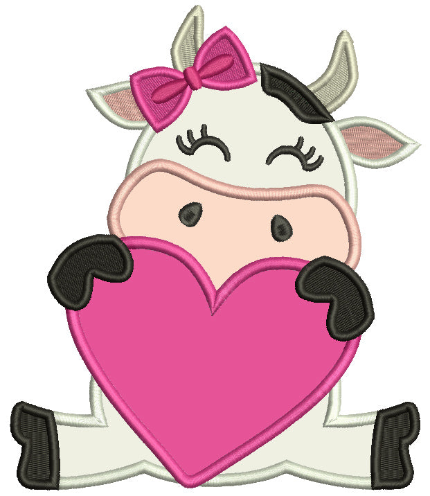 Cute Baby Cow Holding Big Heart Valentine's Day Applique Machine Embroidery Design Digitized Pattern