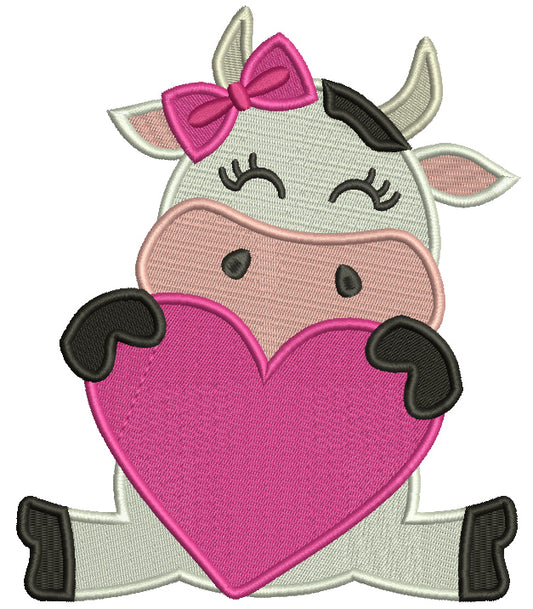 Cute Baby Cow Holding Big Heart Valentine's Day Filled Machine Embroidery Design Digitized Pattern