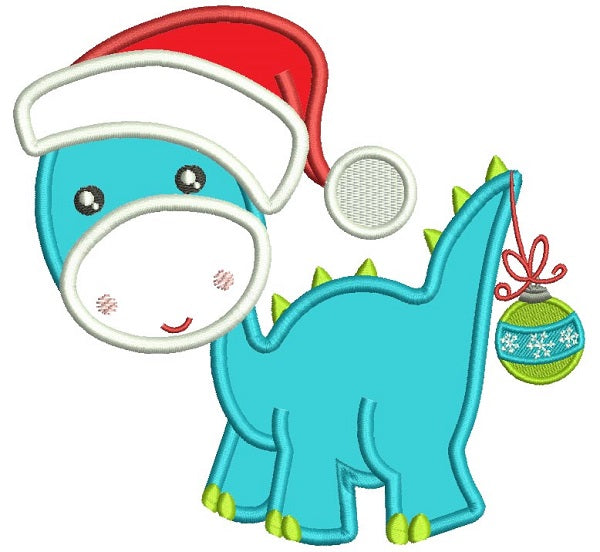 Cute Baby Dino Wearing a Christmas With Ornament on His Tail Hat Applique Machine Embroidery Design Digitized Pattern