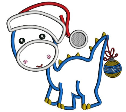 Cute Baby Dino Wearing a Christmas With Ornament on His Tail Hat Applique Machine Embroidery Design Digitized Pattern