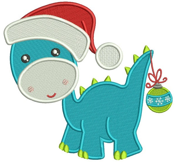 Cute Baby Dino Wearing a Christmas With Ornament on His Tail Hat Filled Machine Embroidery Design Digitized Pattern