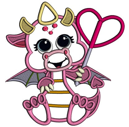 Cute Baby Dragon Holding a Heart Applique Machine Embroidery Design Digitized Pattern
