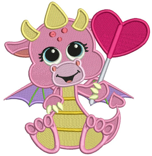 Cute Baby Dragon Holding a Heart Filled Machine Embroidery Design Digitized Pattern