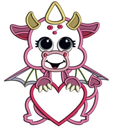 Cute Baby Dragon With A Big Heart Applique Machine Embroidery Design Digitized Pattern