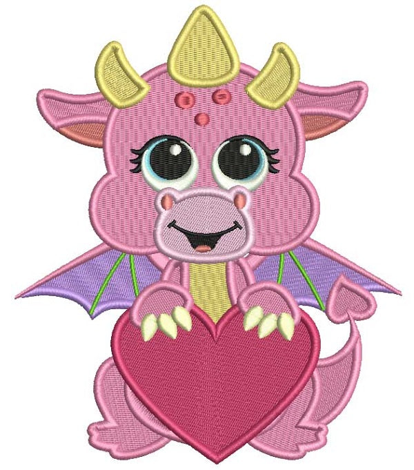 Cute Baby Dragon With A Big Heart Filled Machine Embroidery Design Digitized Pattern