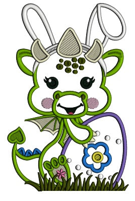 Cute Baby Dragon With Bunny Ears Holding Easter Egg Applique Machine Embroidery Design Digitized Pattern