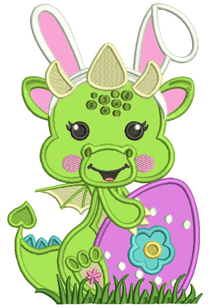 Cute Baby Dragon With Bunny Ears Holding Easter Egg Applique Machine Embroidery Design Digitized Pattern