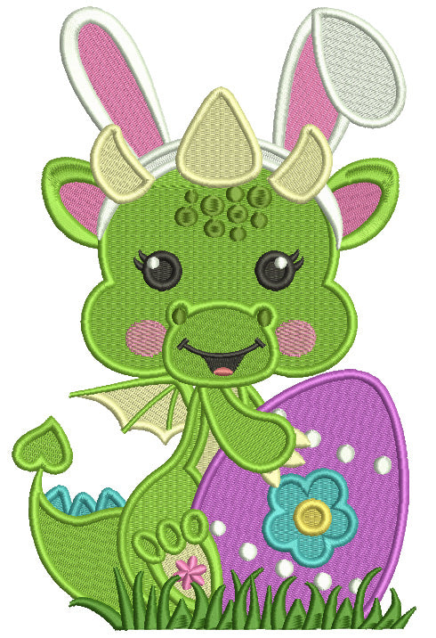 Cute Baby Dragon With Bunny Ears Holding Easter Egg Filled Machine Embroidery Design Digitized Pattern