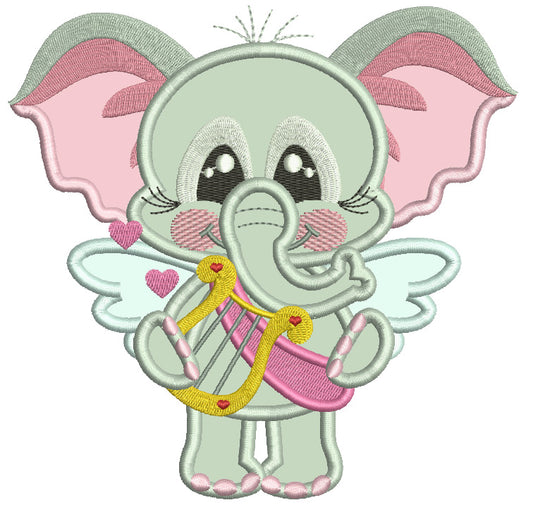 Cute Baby Elephant Angel With a Harp Valentine's Day Applique Machine Embroidery Design Digitized Pattern