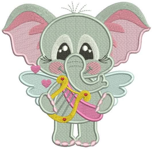 Cute Baby Elephant Angel With a Harp Valentine's Day Filled Machine Embroidery Design Digitized Pattern