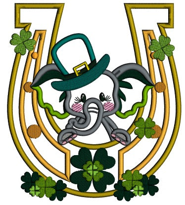 Cute Baby Elephant Behind a Lucky Horseshoe St. Patrick's Applique Machine Embroidery Design Digitized Pattern