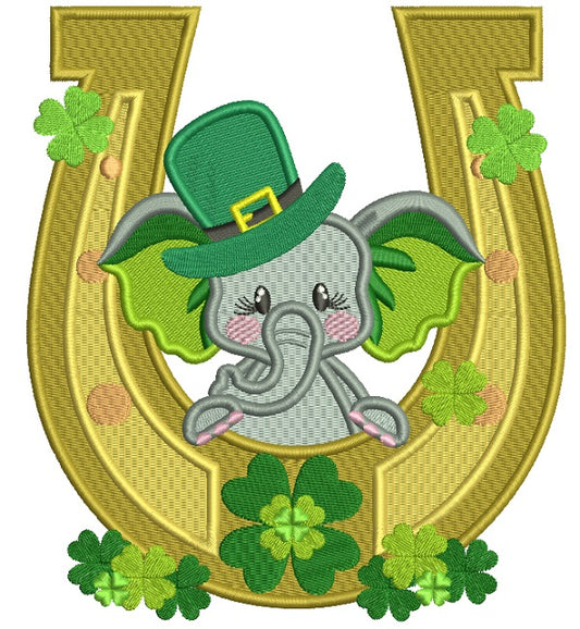 Cute Baby Elephant Behind a Lucky Horseshoe St. Patrick's Filled Machine Embroidery Design Digitized Pattern