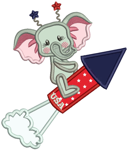 Cute Baby Elephant Flying On a Firecracker Patriotic 4th Of July Applique Machine Embroidery Design Digitized Pattern