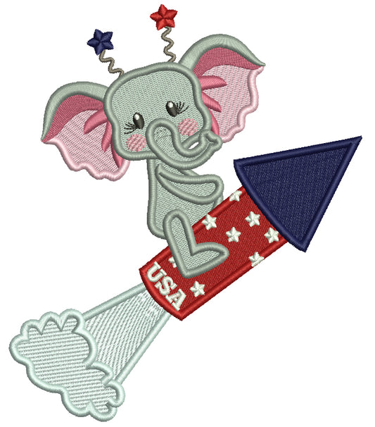 Cute Baby Elephant Flying On a Firecracker Patriotic 4th Of July Filled Machine Embroidery Design Digitized Pattern