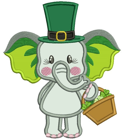 Cute Baby Elephant Holding Basket And Wearing Tall St. Patrick's Hat Applique Machine Embroidery Design Digitized Pattern