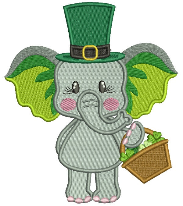 Cute Baby Elephant Holding Basket And Wearing Tall St. Patrick's Hat Filled Machine Embroidery Design Digitized Pattern