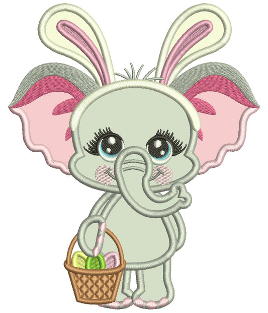Cute Baby Elephant Wearing Bunny Ears With Easter Eggs Applique Machine Embroidery Design Digitized Pattern