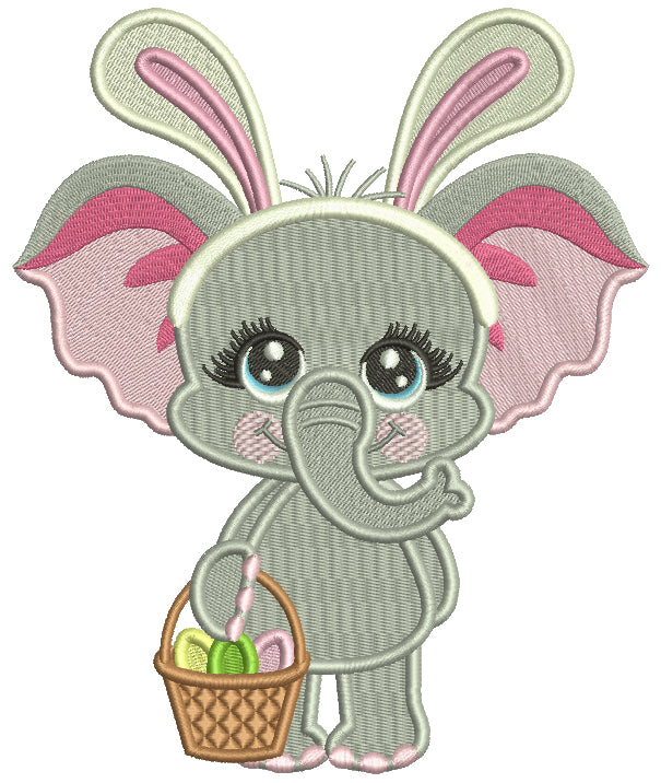 Cute Baby Elephant Wearing Bunny Ears With Easter Eggs Filled Machine Embroidery Design Digitized Pattern