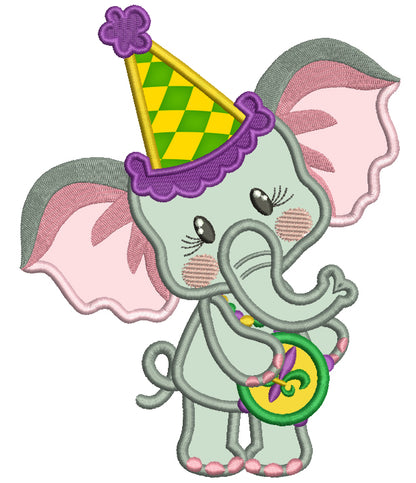 Cute Baby Elephant Wearing Triangular Mardi Gras Hat Applique Machine Embroidery Design Digitized Pattern