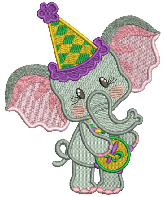 Cute Baby Elephant Wearing Triangular Mardi Gras Hat Filled Machine Embroidery Design Digitized Pattern