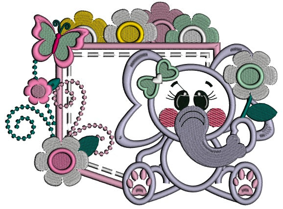 Cute Baby Elephant With A Pocket Full of Posies Applique Machine Embroidery Design Digitized Pattern