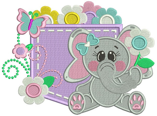 Cute Baby Elephant With A Pocket Full of Posies Filled Machine Embroidery Design Digitized Pattern