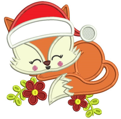 Cute Baby Fox Wearing a Christmas Hat Applique Machine Embroidery Design Digitized Pattern