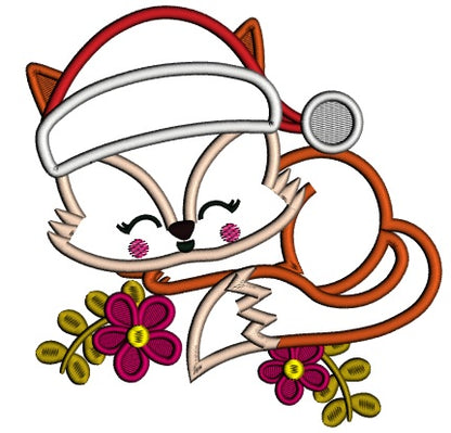 Cute Baby Fox Wearing a Christmas Hat Applique Machine Embroidery Design Digitized Pattern