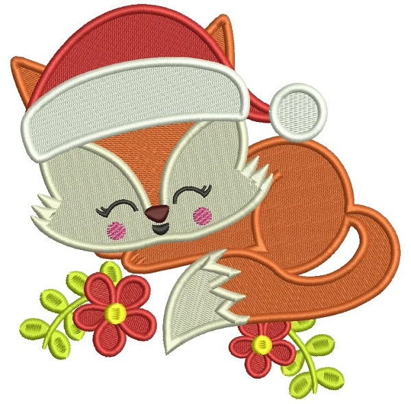 Cute Baby Fox Wearing a Christmas Hat Filled Machine Embroidery Design Digitized Pattern